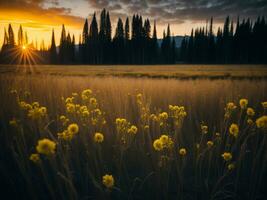 AI generated Glowing Fields of Winter Soft Focus Sunset Meadow with Yellow Flowers Nature's Embrace. A Symphony of Colors Warm Winter Sunset Meadow with Abstract Soft Focus Nature Harmony. photo