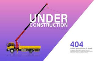 Under Construction Template, Yellow Truck with Crane on Purple Gradient Background. vector