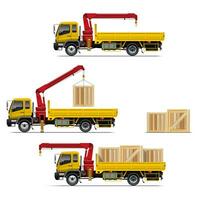 Yellow Flatbed Truck with Red Mounted Crane Lifting a Box on Tray vector