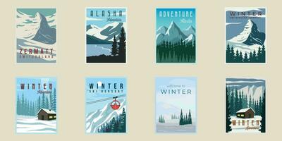 set of winter and mountain poster vector illustration template graphic design. bundle collection of various landscape nature on snow for travel business or adventure concept