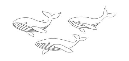 Set of linear blue whales. Sea animal. Modern line art, doodle, artistic drawing, sketch, icon. World whale day. Save the ocean. Defense day. Coloring book. vector