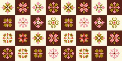Modern abstract folk tile seamless pattern. Patchwork retro design, mosaic. Ethnic floral and geometric tile background, digital paper, wrapping paper. vector