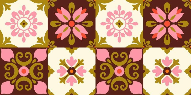 Modern azulejo tile seamless pattern. Retro floral geometric background. Mediterranean talavera design. Abstract mosaic, patchwork.