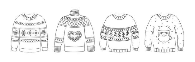 Set of winter ugly sweaters, pullovers, jumpers. Linear doodles, icons. Autumn and winter basic essentials. Cozy clothing. Line art. Coloring book. vector