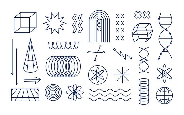 Abstract geometric Y2k shapes and figures. Futuristic minimalist elements. Retro line art.