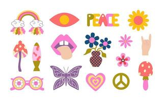 Retro groovy stickers and doodles. Good vibes. Rainbow, psychedelic mushrooms, groovy flowers, eyes, butterfly, hypnotic heart. vector