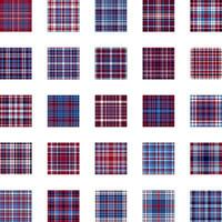 Vector plaid texture. Set geometric seamless pattern. Blue, red, white color flat background.