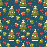Seamless pattern of winter Christmas trees on snow. Vector New Year background. Blue texture with Christmas tree and gifts for print, paper, design, fabric, decoration, gift wrapping.