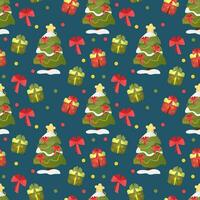 Seamless pattern of winter Christmas trees on snow. Vector New Year background. Blue texture with Christmas tree and gifts for print, paper, design, fabric, decoration, gift wrapping.