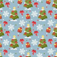 Seamless pattern of Christmas trees and snowflakes on blue background. New Year vector background for print, paper, design, fabric, decor, gift wrapping, background.