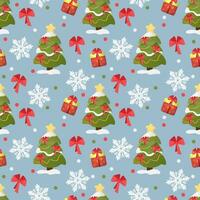 Seamless pattern of Christmas trees and snowflakes on blue background. New Year vector background for print, paper, design, fabric, decor, gift wrapping, background.