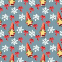 Seamless background pattern featuring an adorable gnome with a star and snowflakes. Blue winter background for printing on winter fabric, shaping gift paper and greeting cards. vector