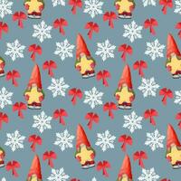 Seamless background pattern featuring an adorable gnome with a star and snowflakes. Blue winter background for printing on winter fabric, shaping gift paper and greeting cards. vector