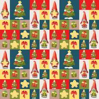 Winter seamless pattern with squares for wrapping paper, printing on bags, pillows, clothes. Christmas seamless patchwork style vector pattern with star, Christmas tree, gnomes, gifts and bows.