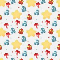 Winter holiday seamless background for wrapping, fabric, textile, surface, web design and print. Vector pattern with stars, bows and gifts.