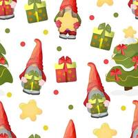 Holiday pattern with Christmas trees and gnomes. Seamless vector background for wrapping paper, fabric, clothing, textiles, surface textures, scrapbooking.