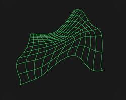 Distorted cyber grid. Cyberpunk geometry element y2k style. Isolated green mesh on black background. Vector fashion illustration.