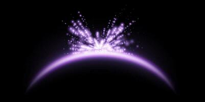 Purple magic arch with glowing particles, sunlight lens flare. Neon realistic energy flare arch. Abstract light effect on a black background. Vector illustration.