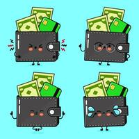 Funny cute happy Wallet with money and credit card characters bundle set. Vector hand drawn doodle style cartoon character. Isolated on blue background. Wallet with money character collection