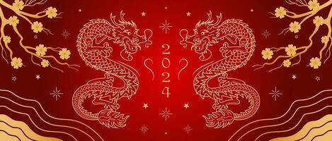 Chinese New Year of the Wooden Dragon. Banner with gold Antique pattern, Asian style. Sakura flowers. Bright vector banner. Night starry sky, branches. Vintage font 2024. for poster, flyer.