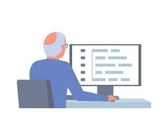 Elderly gray-haired pensioner sits back at table, senior man at computer online. Programmer of code, software developer. Remote work from home, distance learning, freelance for retired people. Vector