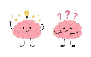 Brain think, light bulb as idea and doubt over question, cute child character. Happy brain learn and finds solution. Confused brain, seek answer. Vector illustration