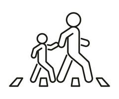 peatonal adulto personas y niño a cruce de caminos, familia en camino, línea icono. sin peligro cruzar la carretera y caminar símbolo. vector contorno ilustración