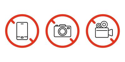 Prohibited smartphone, photo and video camera icon. No shooting on phone and camera. Forbidden make photography, talk on telephone, shoot scene film on camcorder symbol. Vector sign