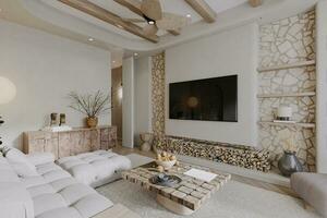 Living room Interior with handcrafted and stylish furniture, Industrial style. photo