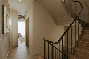 A duplex residential features a staircase made of hardwood and stainless steel railing. photo