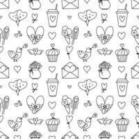 Valentines Day doodle style seamless pattern in black and white, hand-drawn love theme icons and quotes background. Romantic mood, cute symbols and elements collection. vector