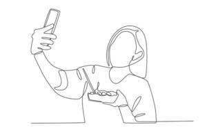 A woman taking a selfie with food vector