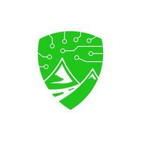 a green logo with a mountain and a circuit board vector