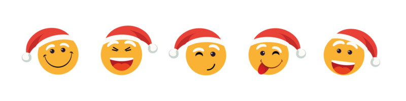 Collection of emoticons for Christmas and New Year holidays. Set the Smile Emoji icon in Red Hat Santa Claus. Realistic face of yellow shiny emotions. png