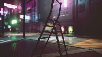 A wooden ladder sitting on top of a sidewalk photo