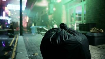 A black trash bag sitting on the side of a road photo