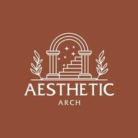 místico puerta logo, antiguo arco arquitectura Entrada escalera con puerta, y tropical planta hoja en contemporáneo moderno Clásico estético Dom arco boho estilo vector