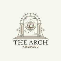 mystic doorway logo, antique arch architecture entrance stairway with door, and tropical plant leaf in contemporary modern vintage aesthetic sun arch boho style vector