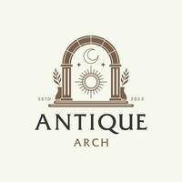 mystic doorway logo, antique arch architecture entrance stairway with door, and tropical plant leaf in contemporary modern vintage aesthetic sun arch boho style vector