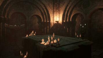 A serene temple room illuminated by flickering candles photo