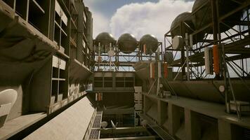 A towering building with an intricate network of pipes on its concrete roof photo