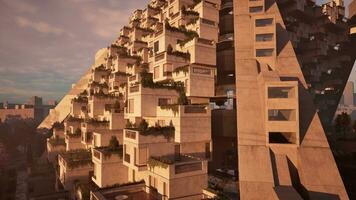 A skyscraper adorned with lush greenery growing up its side photo