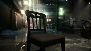 A wooden chair sitting in front of a building photo