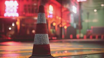 A red and white traffic cone sitting on top of a street photo