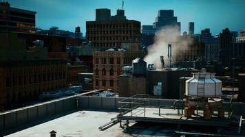 Smoke rising from a chimney on a building roof photo