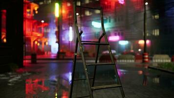 A metal ladder sitting on top of a sidewalk photo