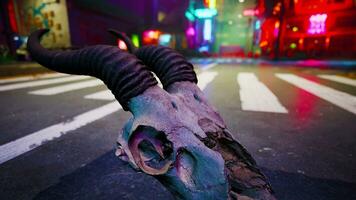 A close up of a horned animal's head on a city street photo