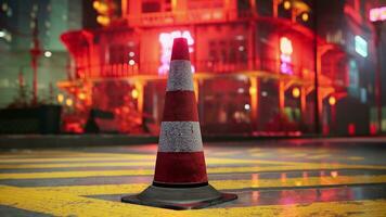A red and white traffic cone sitting on top of a street photo