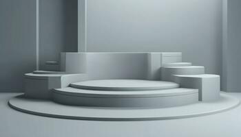 AI Generated Elegant abstract set of white podiums in sunlight with shadow on white background for product display. Simple modern geometric design. Generative AI. photo