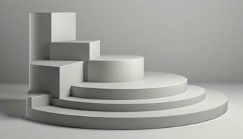 AI Generated Elegant abstract set of white podiums in sunlight with shadow on white background for product display. Simple modern geometric design. Generative AI. photo